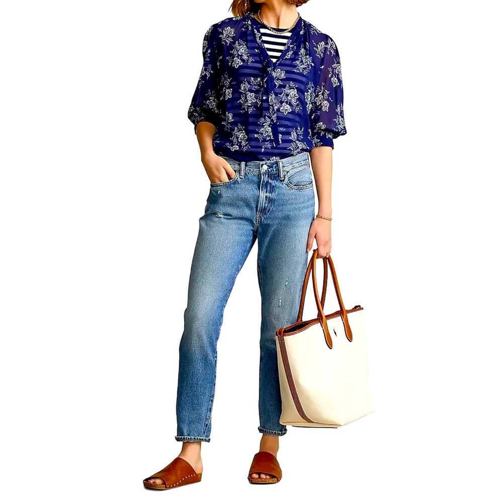 Polo Ralph Lauren Womens Viscose Floral-Print Tie-Neck Blouse Blue SZ. S/P NWT
